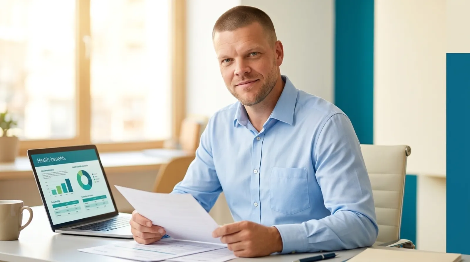 Editorial photo of Mike Moore, licensed independent insurance agent, reviewing ICHRA administration paperwork and a laptop showing health-benefits charts at a desk in teal and cream tones