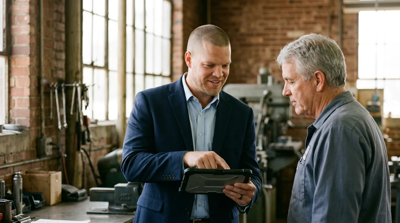 Mike Moore of ICHRA Savings reviewing health benefit options on a tablet with the owner of a small manufacturing shop in Canton, Ohio