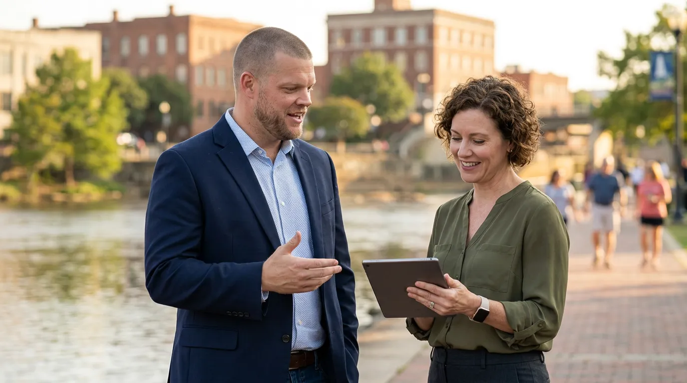 Mike Moore of ICHRA Savings talking with a small business owner along the Chattahoochee RiverWalk in downtown Columbus, Georgia, historic brick storefronts in the background