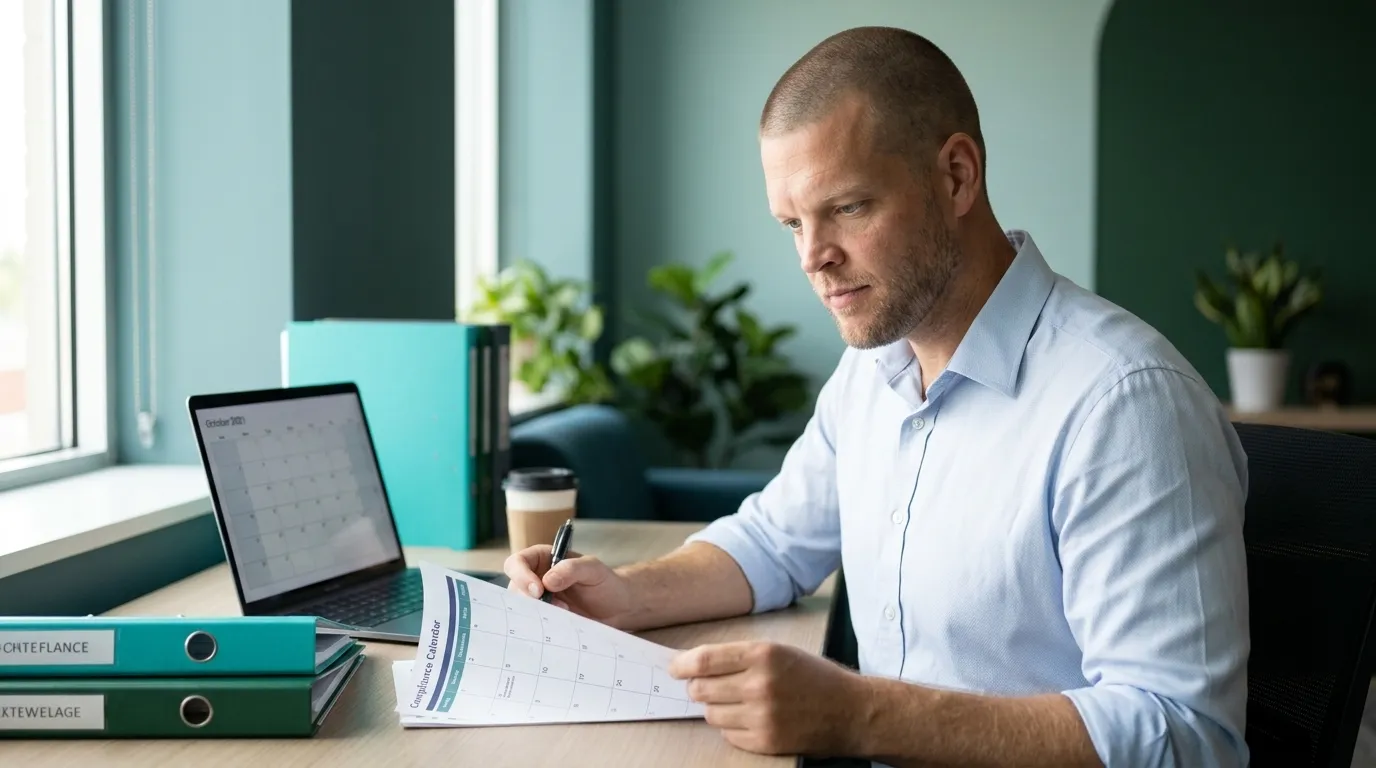 A licensed advisor reviews a printed ICHRA compliance calendar at his desk, with a laptop calendar view and labeled compliance folders nearby.