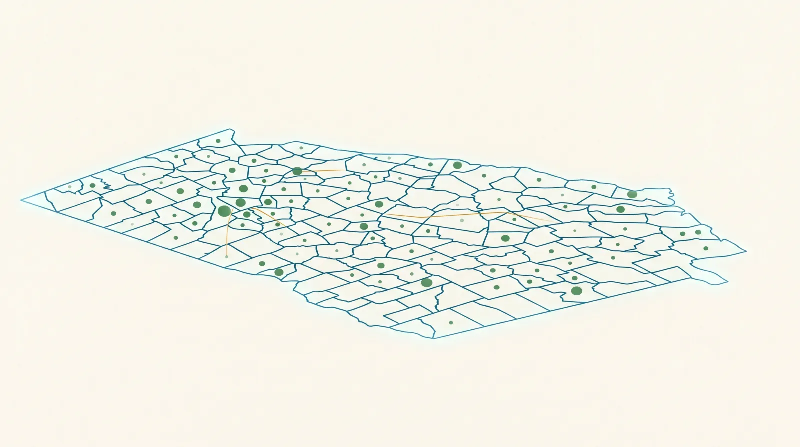 Abstract editorial map of Georgia counties with data markers in teal and savings green, illustrating county-level ICHRA versus small-group savings