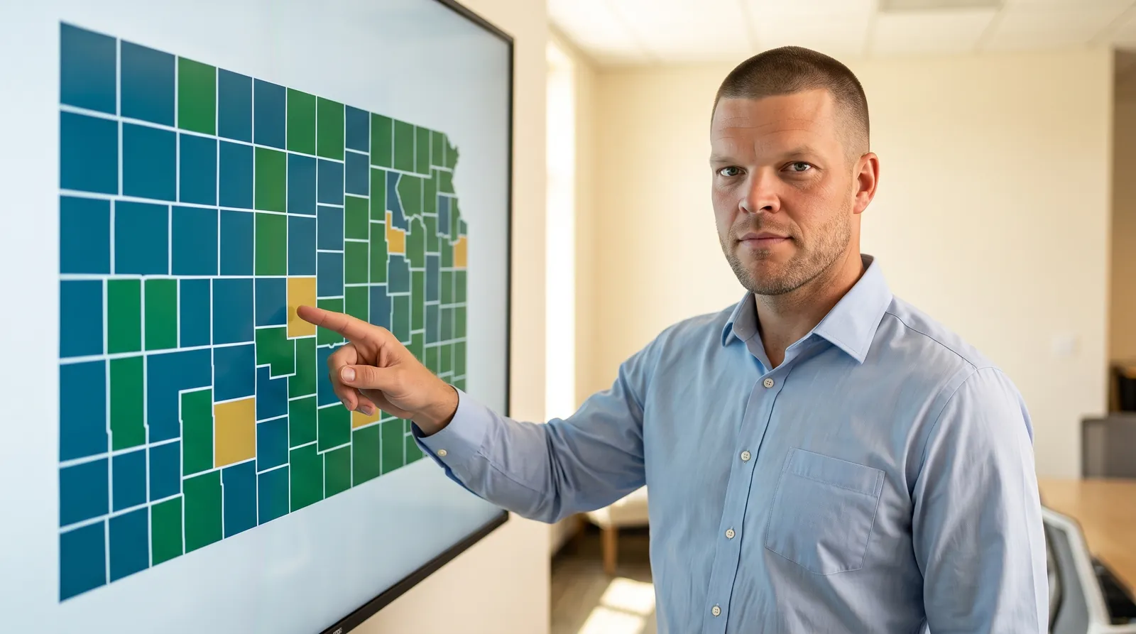 Editorial photograph of an insurance advisor with short buzzed hair pointing at a digital wall display showing a stylized map of Kansas divided into counties, color-coded in teal and savings green with a few counties highlighted in gold.