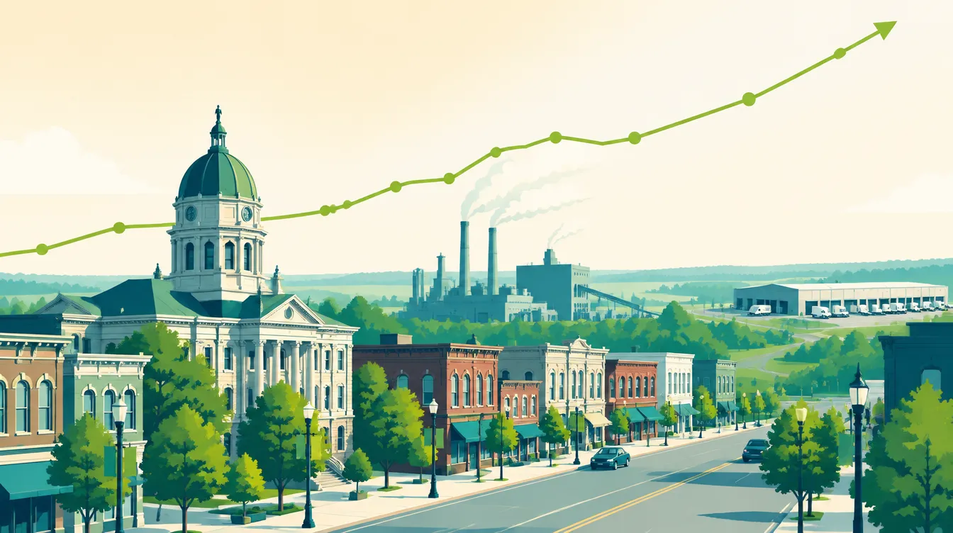 Editorial illustration of downtown Lima, Ohio in teal and savings-green tones: the Allen County courthouse dome on a tree-lined Main Street, a fabric-care manufacturing plant with steam stacks and a logistics delivery warehouse on the horizon, with an upward-trending savings-green data line arcing across the sky, illustrating the 2026 ICHRA versus small-group savings estimate for Allen County