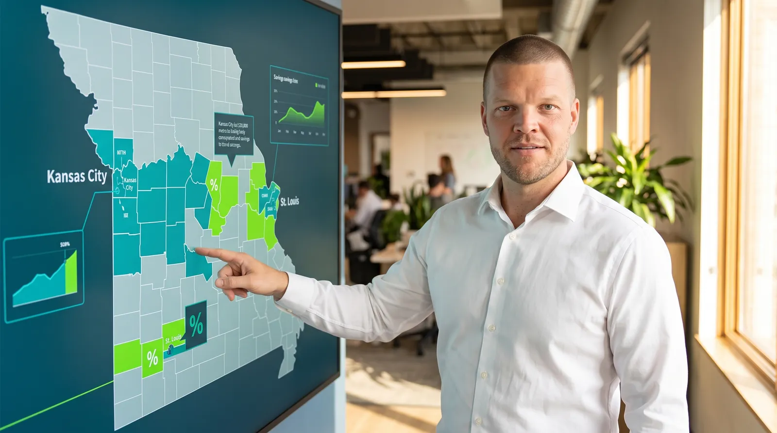 Editorial photograph of an insurance advisor reviewing a digital Missouri county map in teal and savings green, highlighting the Kansas City and St. Louis metro areas where ICHRA beats small-group coverage