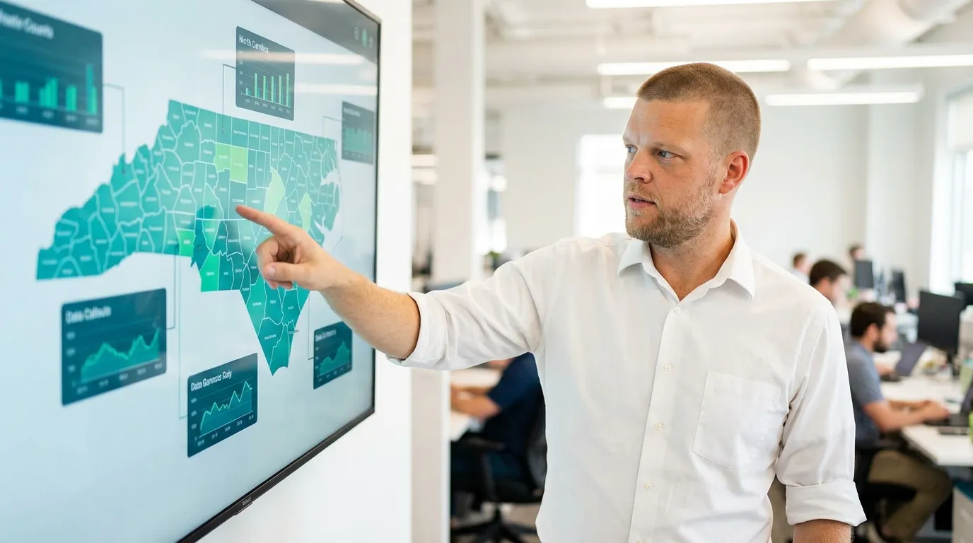 Editorial photograph of an insurance advisor pointing at a digital North Carolina county map in teal and savings green, with callouts on Mecklenburg County, one of the state's strongest ICHRA counties, and a shaded region marking counties with no individual-market cost edge at all.