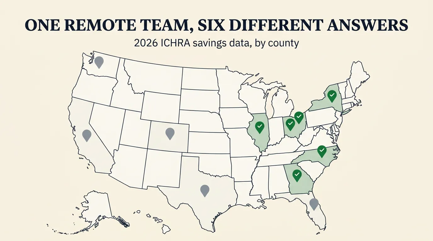 Editorial data map of the United States in teal and savings green, showing twelve pins for a distributed remote team across ten states, six pins marked with a checkmark over qualifying counties in Ohio, New York, Illinois, North Carolina and Georgia, and six pins in muted gray over non-qualifying counties in Texas, California, Washington, Colorado and Florida, headline text One Remote Team, Six Different Answers, 2026 ICHRA data