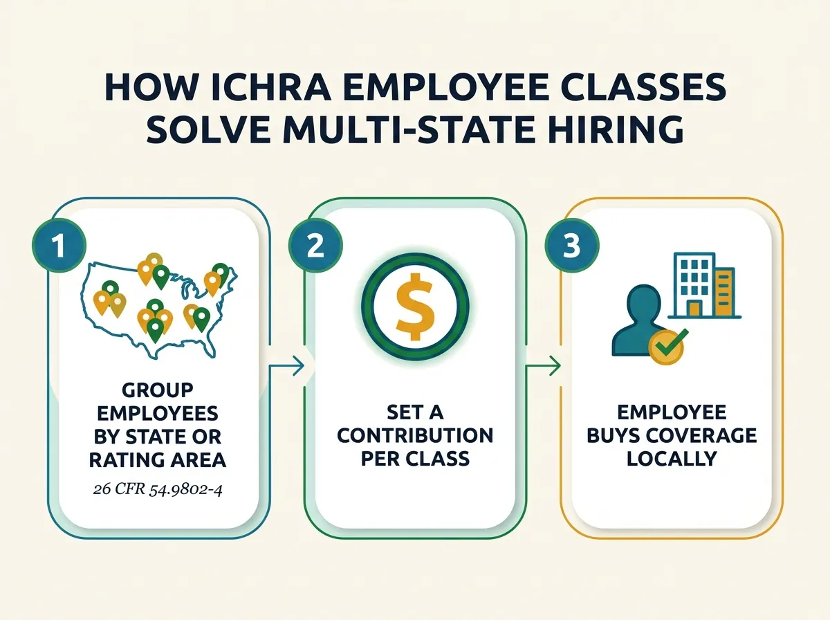 Infographic titled How ICHRA Employee Classes Solve Multi-State Hiring, showing three steps: group employees by state or rating area under 26 CFR 54.9802-4, set a contribution amount per class, and each employee buys a plan locally, in teal and savings green
