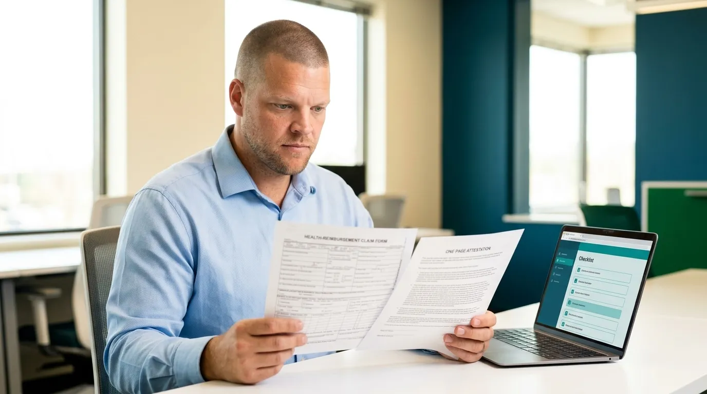 Editorial photograph of an insurance advisor with closely buzzed short hair, a strong jaw, and light stubble, seated at a bright office desk reviewing a printed health-reimbursement claim form and a one-page attestation document, with a laptop open beside him showing a simple teal checklist screen.