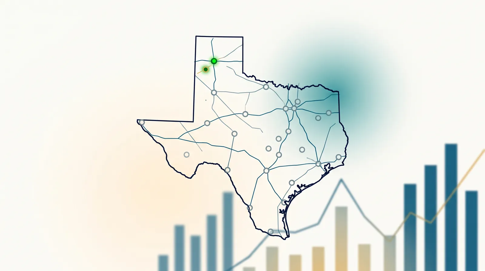 Abstract editorial map of Texas rendered in teal and savings green with sparse data markers, illustrating how few Texas counties currently qualify for ICHRA savings over small-group coverage