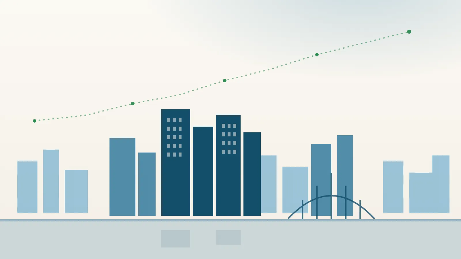 Editorial graphic of the Toledo, Ohio riverfront skyline in teal with a suspension bridge silhouette over the Maumee River and an upward savings-green data line, illustrating the 2026 ICHRA versus small-group savings estimate for Lucas County
