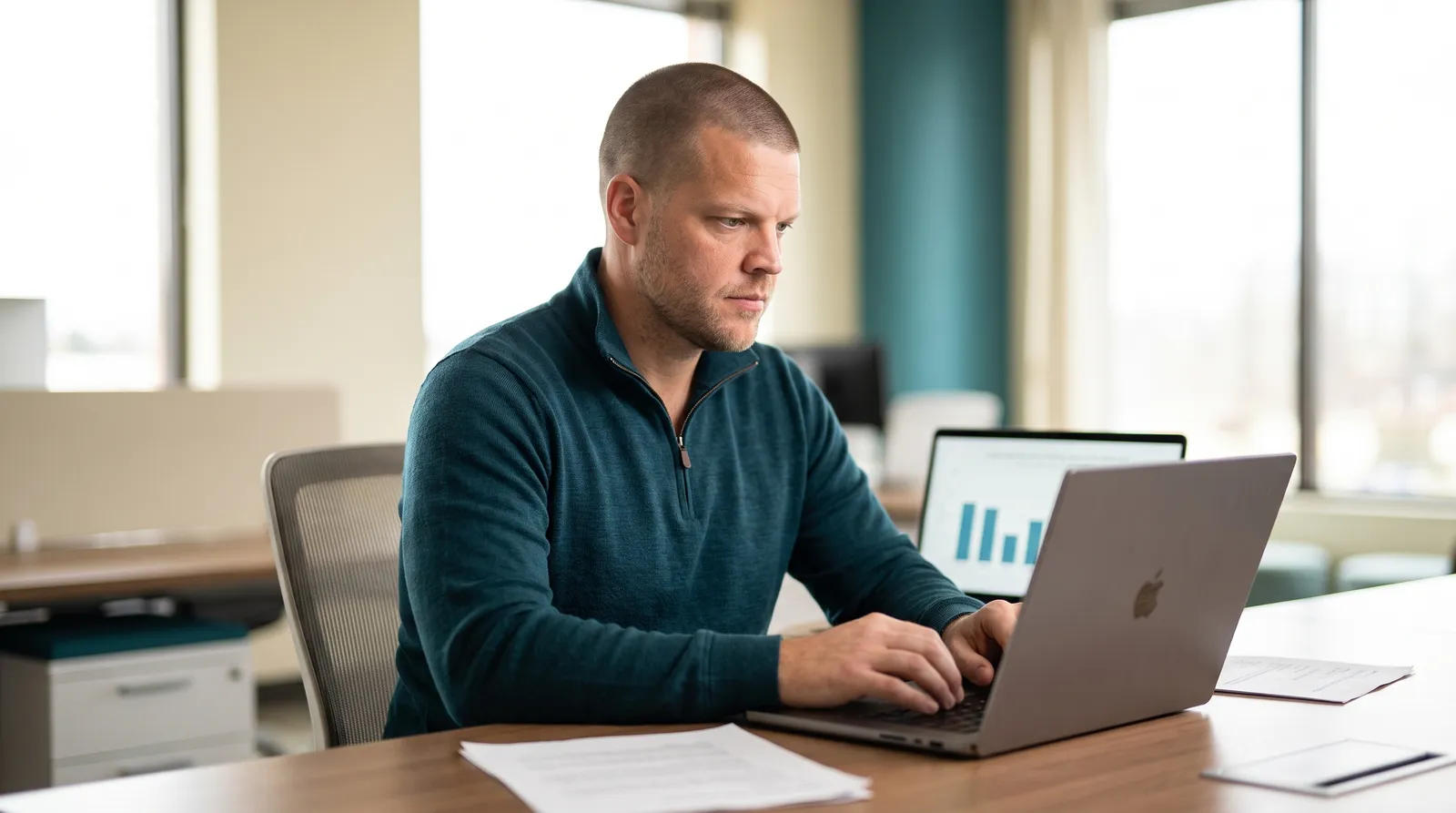 Photo of a benefits advisor at a laptop reviewing HRA options for a small business, in a teal and cream toned office