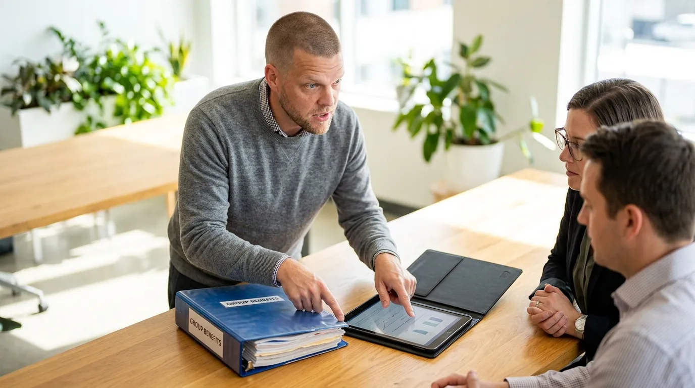 Mike Moore of ICHRA Savings comparing a thick traditional group benefits binder with an ICHRA summary on a tablet for two office managers