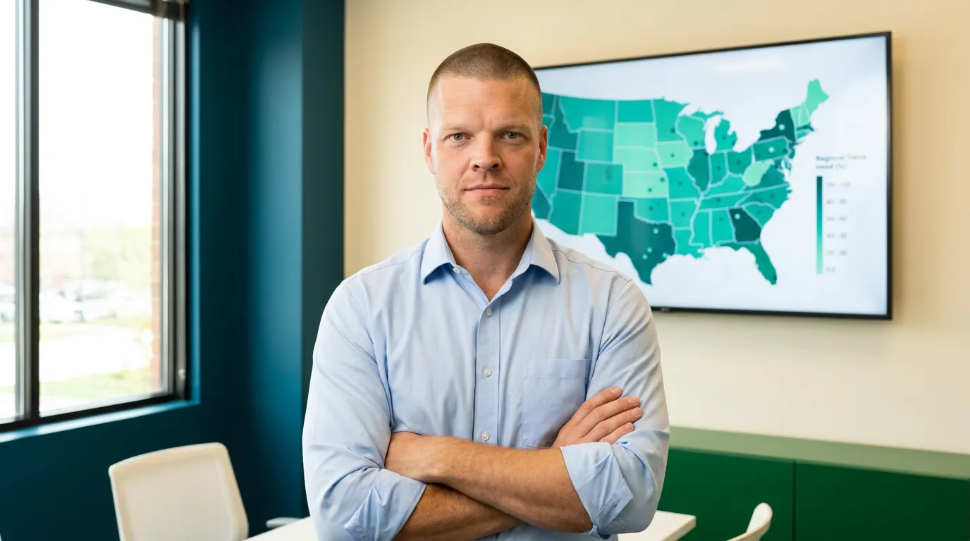 Mike Moore of ICHRA Savings, a licensed insurance advisor with closely buzzed hair and a light-blue shirt, standing in an office in front of a teal-and-green U.S. county savings map on a wall screen
