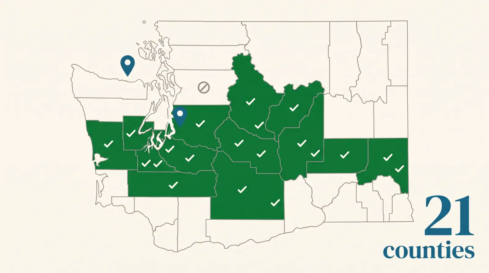 Editorial data graphic of a Washington state county map in teal and savings green, showing Pierce and Thurston counties near Tacoma qualifying for ICHRA savings while King County around Seattle does not