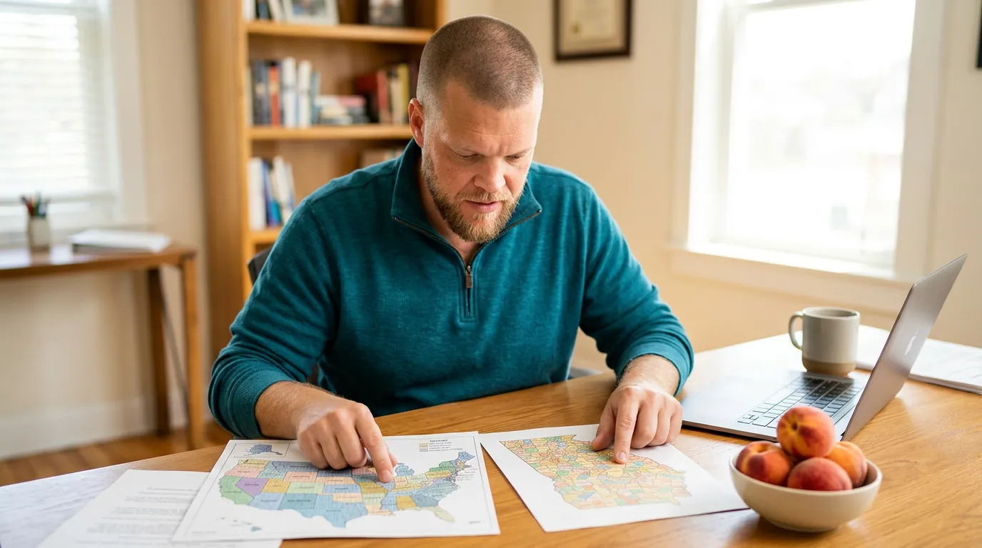 Mike Moore of ICHRA Savings comparing two state county maps side by side at his desk, with a bowl of Georgia peaches beside them