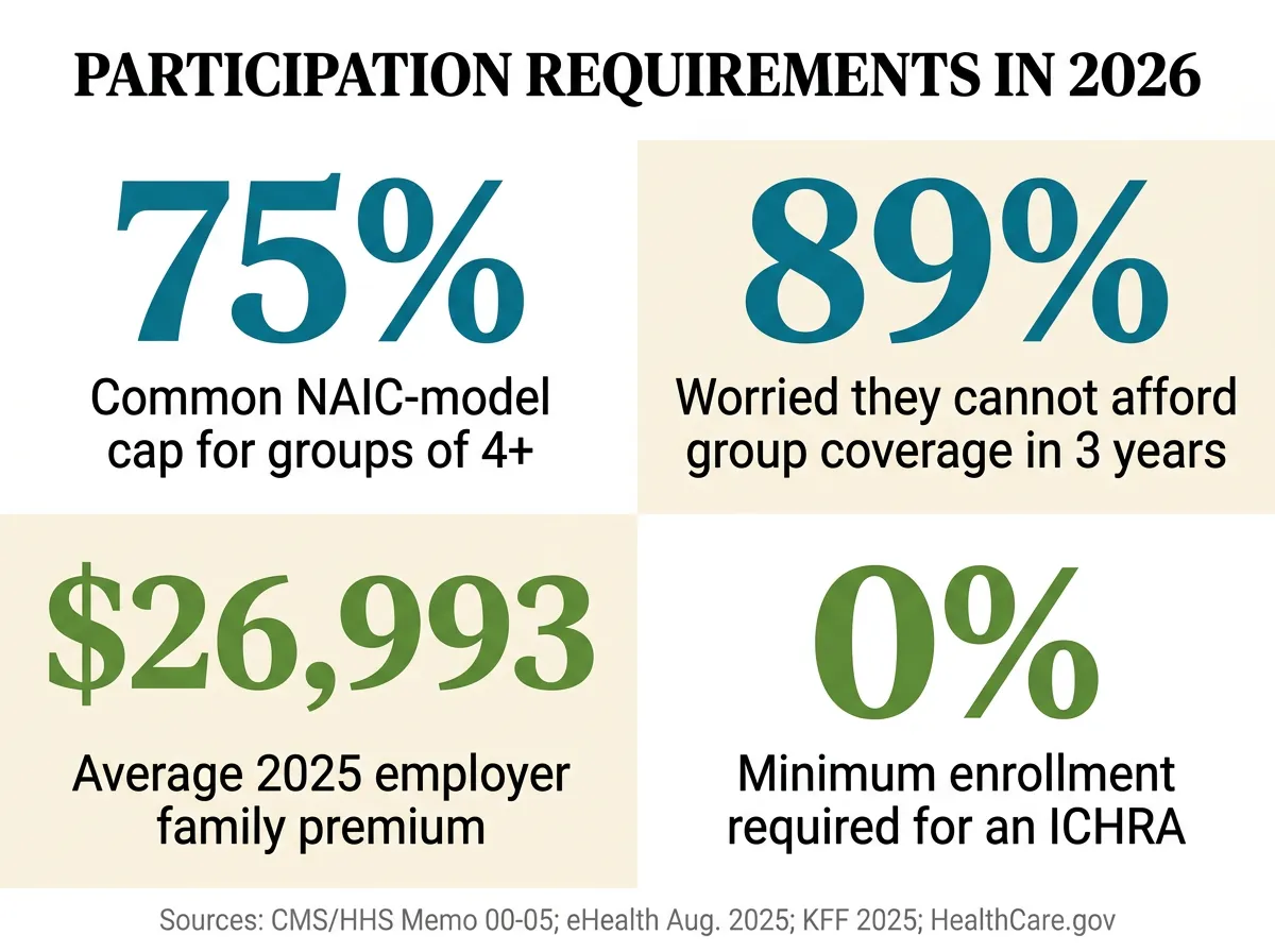 Stat card titled Participation Requirements in 2026, showing 75 percent common NAIC model participation cap for groups of four or more eligible employees, 89 percent of small and mid-sized employers worried about affording group coverage within three years, 26,993 dollars average 2025 employer family premium, and 0 percent minimum enrollment required to offer an ICHRA, sourced to CMS HCFA Program Memorandum Transmittal Number 00-05, eHealth August 2025 survey, KFF 2025 Employer Health Benefits Survey, and HealthCare.gov